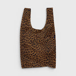 JONES + CO Big Baggu reusable tote bag in a brown and black leopard print pattern for groceries or travel.