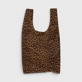 JONES + CO Big Baggu reusable tote bag in a brown and black leopard print pattern for groceries or travel.
