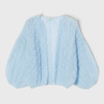 JONES + CO light blue mohair bomber cardigan with a soft ribbed texture and voluminous sleeves.