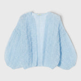 JONES + CO light blue mohair bomber cardigan with a soft ribbed texture and voluminous sleeves.