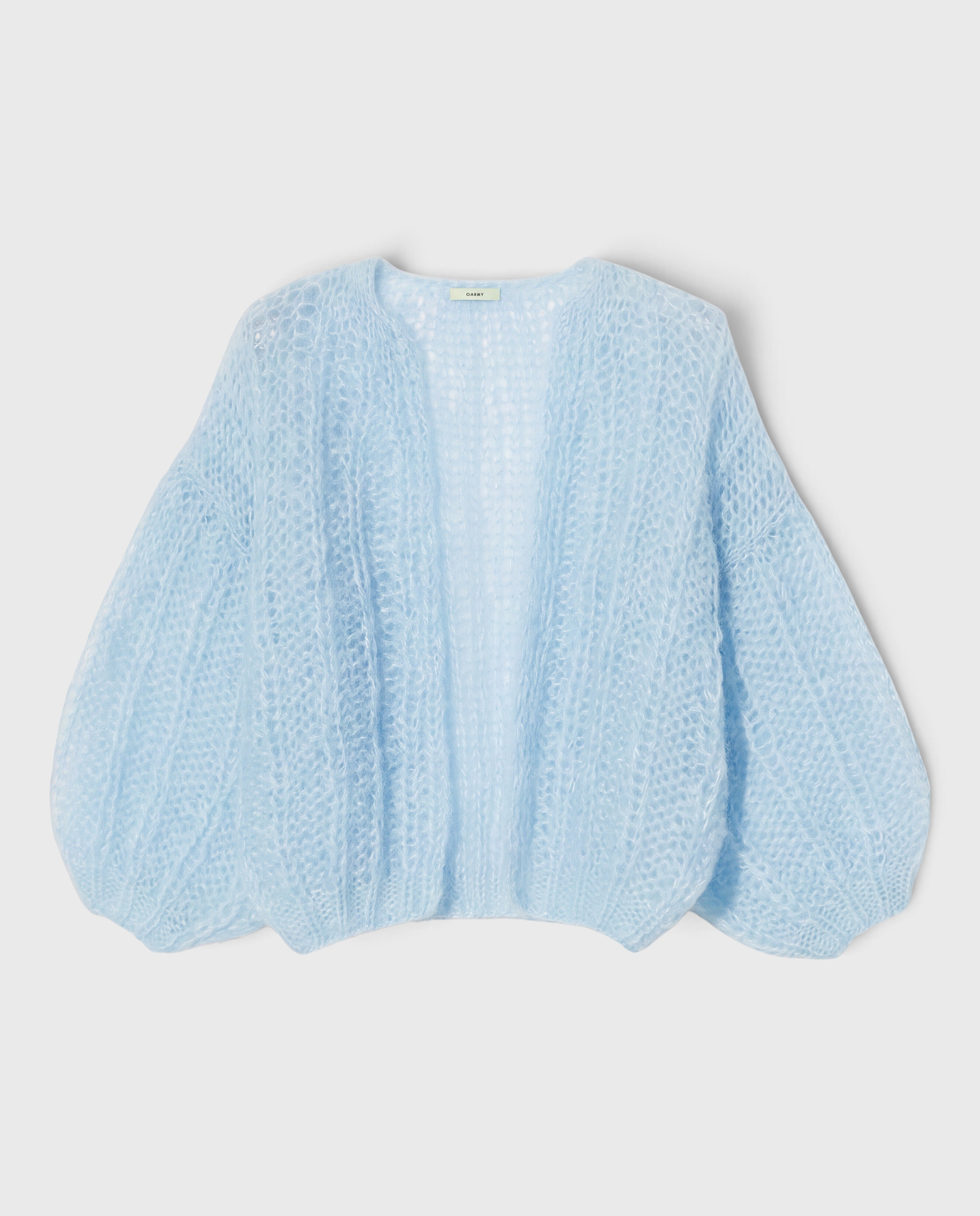 JONES + CO light blue mohair bomber cardigan with a soft ribbed texture and voluminous sleeves.