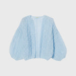 JONES + CO light blue mohair bomber cardigan with a ribbed texture and voluminous sleeves on a plain background.