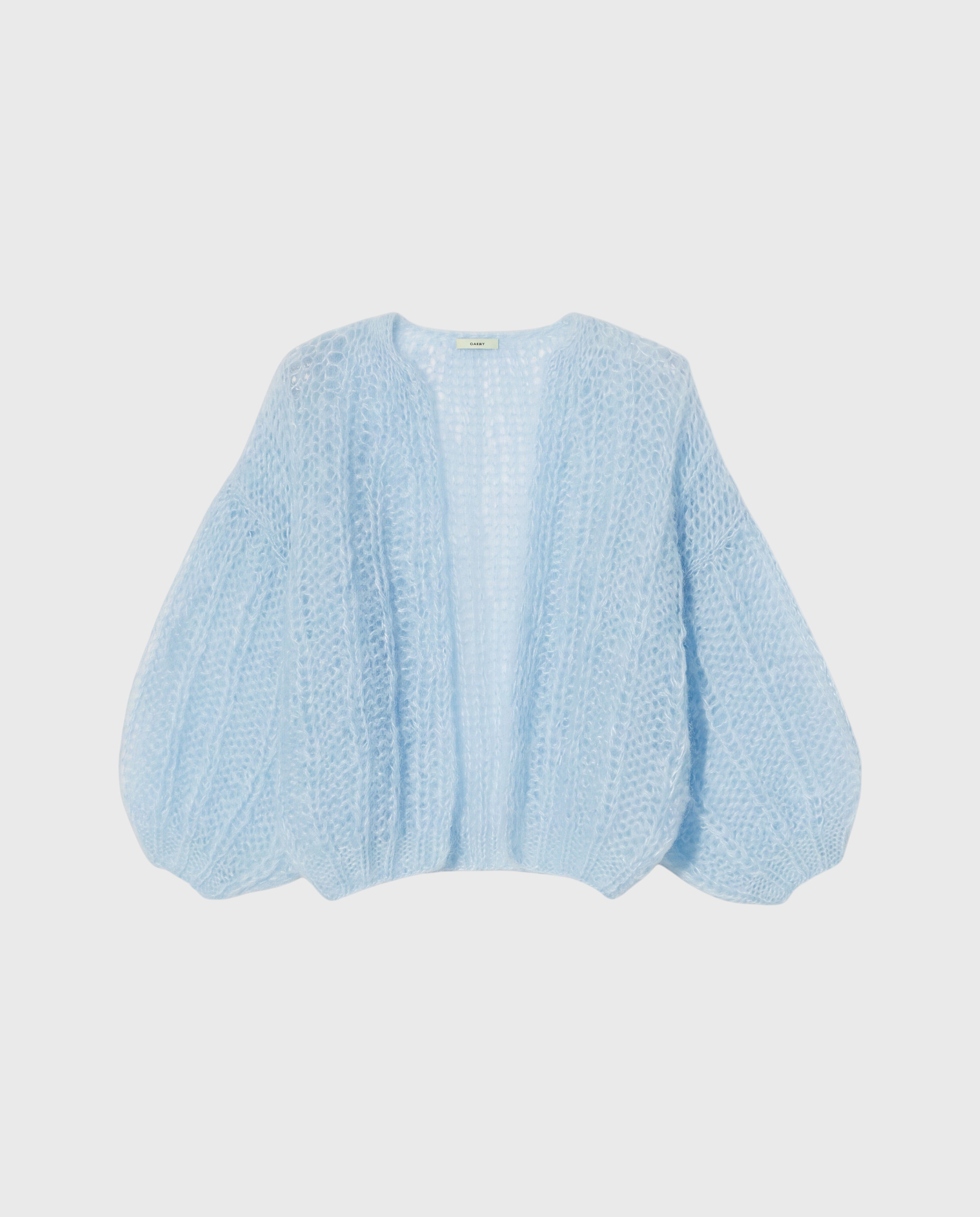 JONES + CO light blue mohair bomber cardigan with a ribbed texture and voluminous sleeves on a plain background.