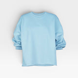 JONES + CO light blue crewneck sweatshirt with drop shoulders, cropped sleeves, and raw edge hemline.