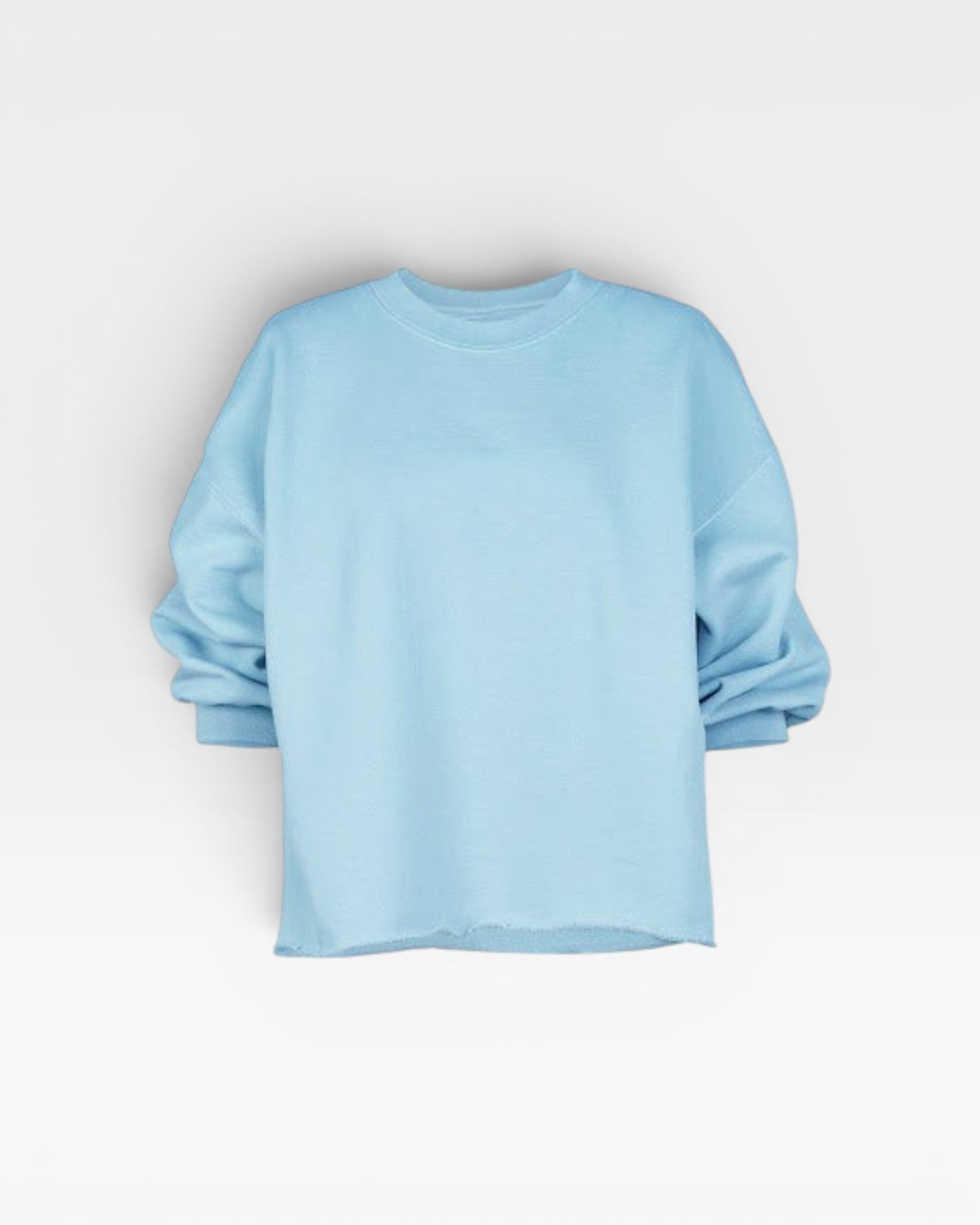 JONES + CO light blue crewneck sweatshirt with drop shoulders, cropped sleeves, and raw edge hemline.