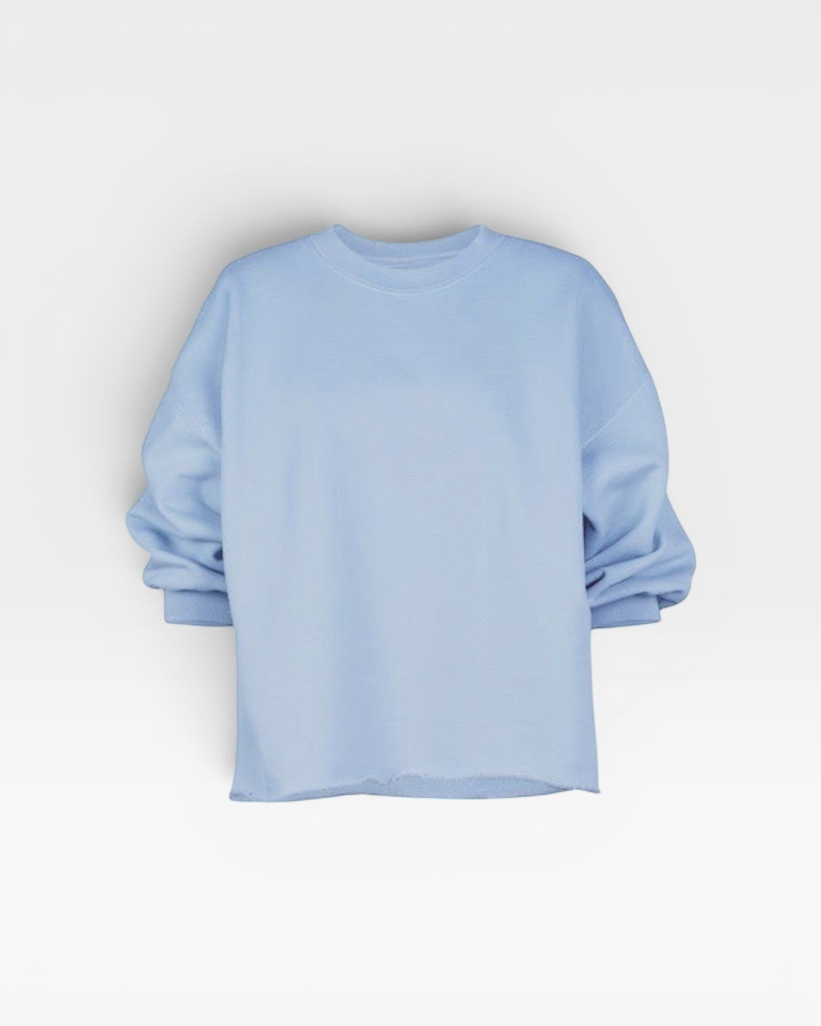 JONES + CO light blue crewneck sweatshirt with drop shoulders, cropped sleeves, and a raw edge hemline.