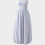 JONES + CO Lunaire midi dress in light blue striped cotton with a strapless shirred bodice and bubble hem silhouette.