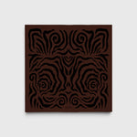 JONES + CO Linea scarf in espresso brown silk crêpe de Chine with a black hand-printed abstract swirl pattern.