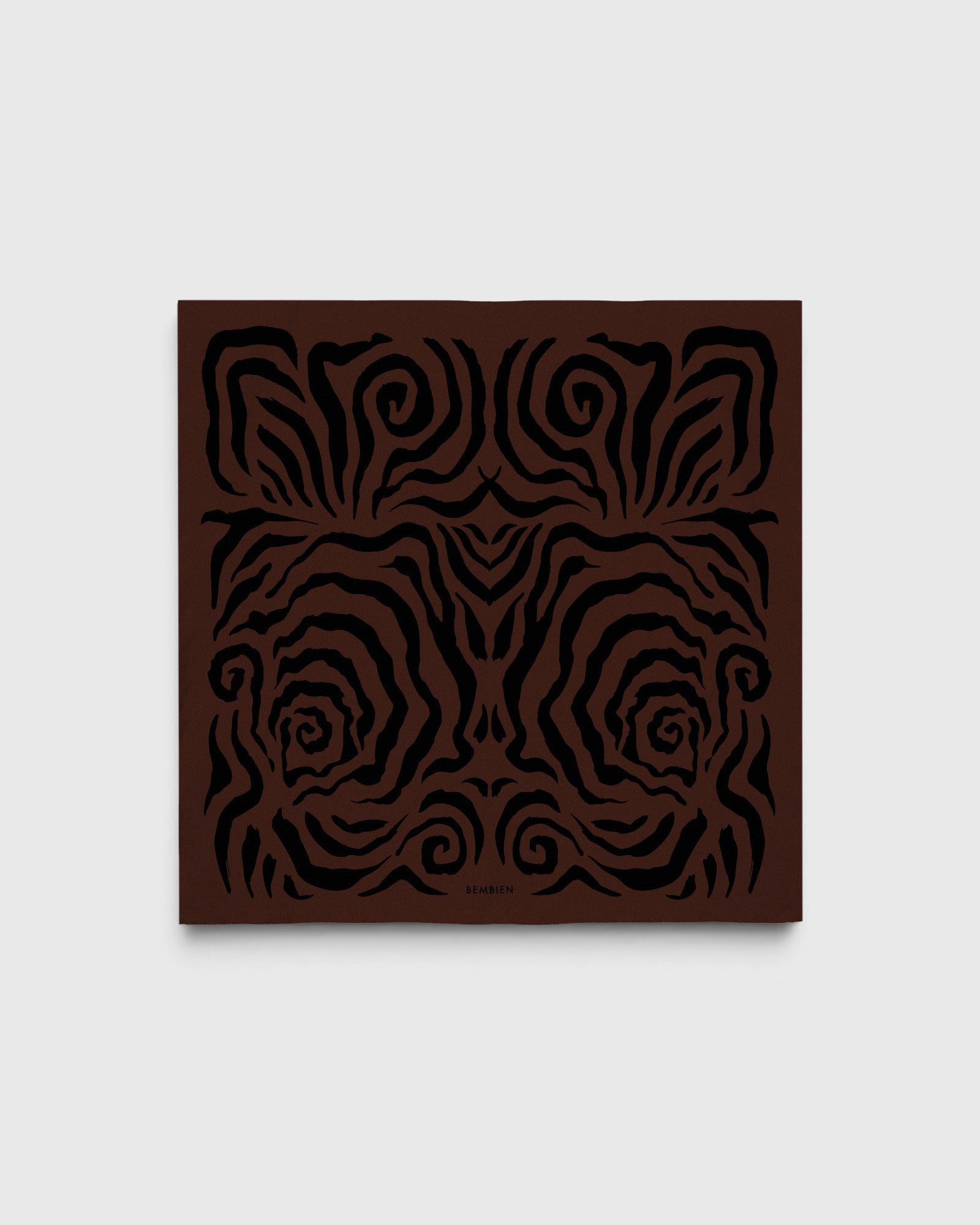 JONES + CO Linea scarf in espresso brown silk crêpe de Chine with a black hand-printed abstract swirl pattern.
