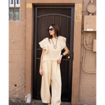 JONES + CO cream linen blend pleated wide leg pants and flutter sleeve top set