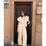 JONES + CO cream linen blend pleated wide leg pants and flutter sleeve top set