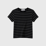 JONES + CO Lisa Tee in black with white horizontal stripes, crafted from soft recycled cotton with a crew neckline.