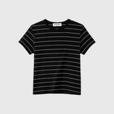JONES + CO Lisa Tee in black with white horizontal stripes, crafted from soft recycled cotton with a crew neckline.