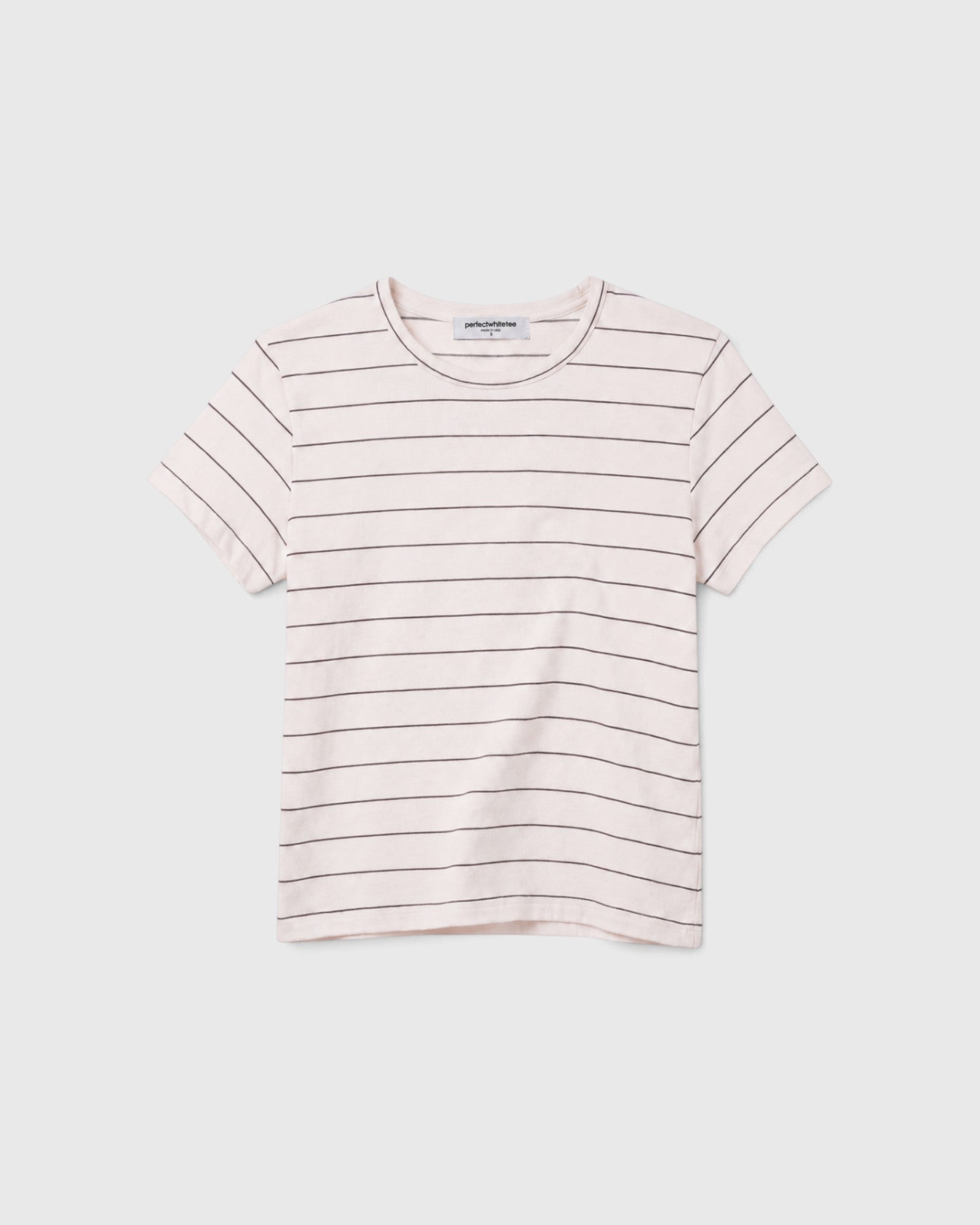 JONES + CO Lisa Tee in natural with thin horizontal stripes, crafted from soft recycled cotton with a crew neckline.