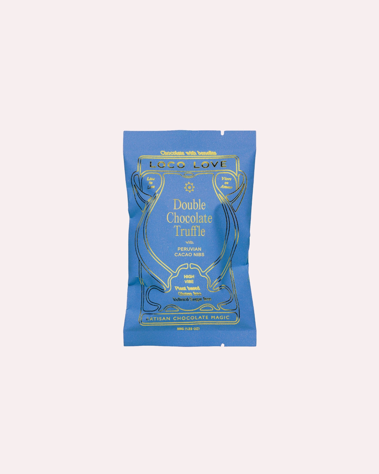 JONES + CO Loco Love Double Chocolate Truffle bar in a bright blue wrapper with gold foil lettering and details.