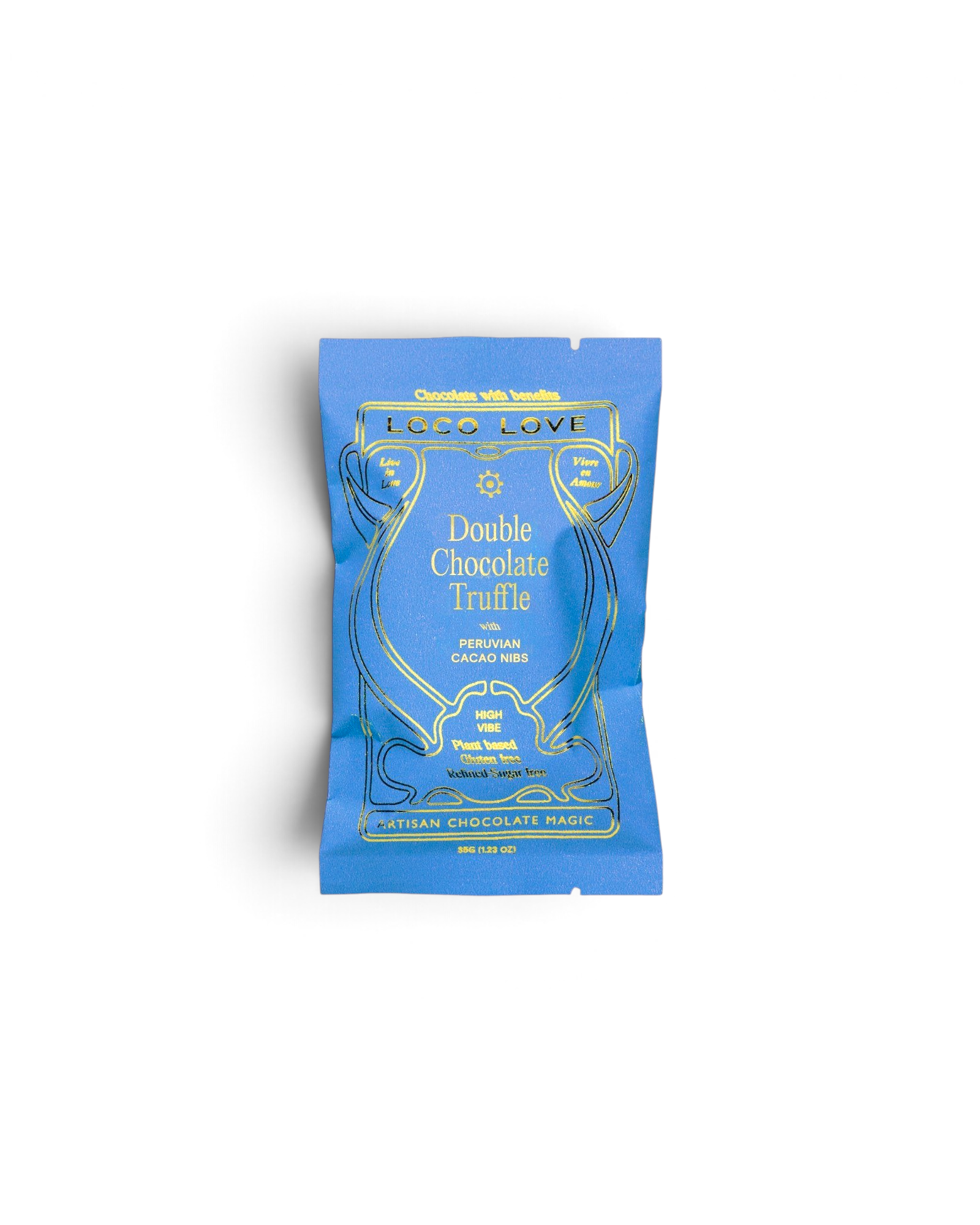 JONES + CO Loco Love Double Chocolate Truffle bar in a bright blue wrapper with gold foil lettering and details.