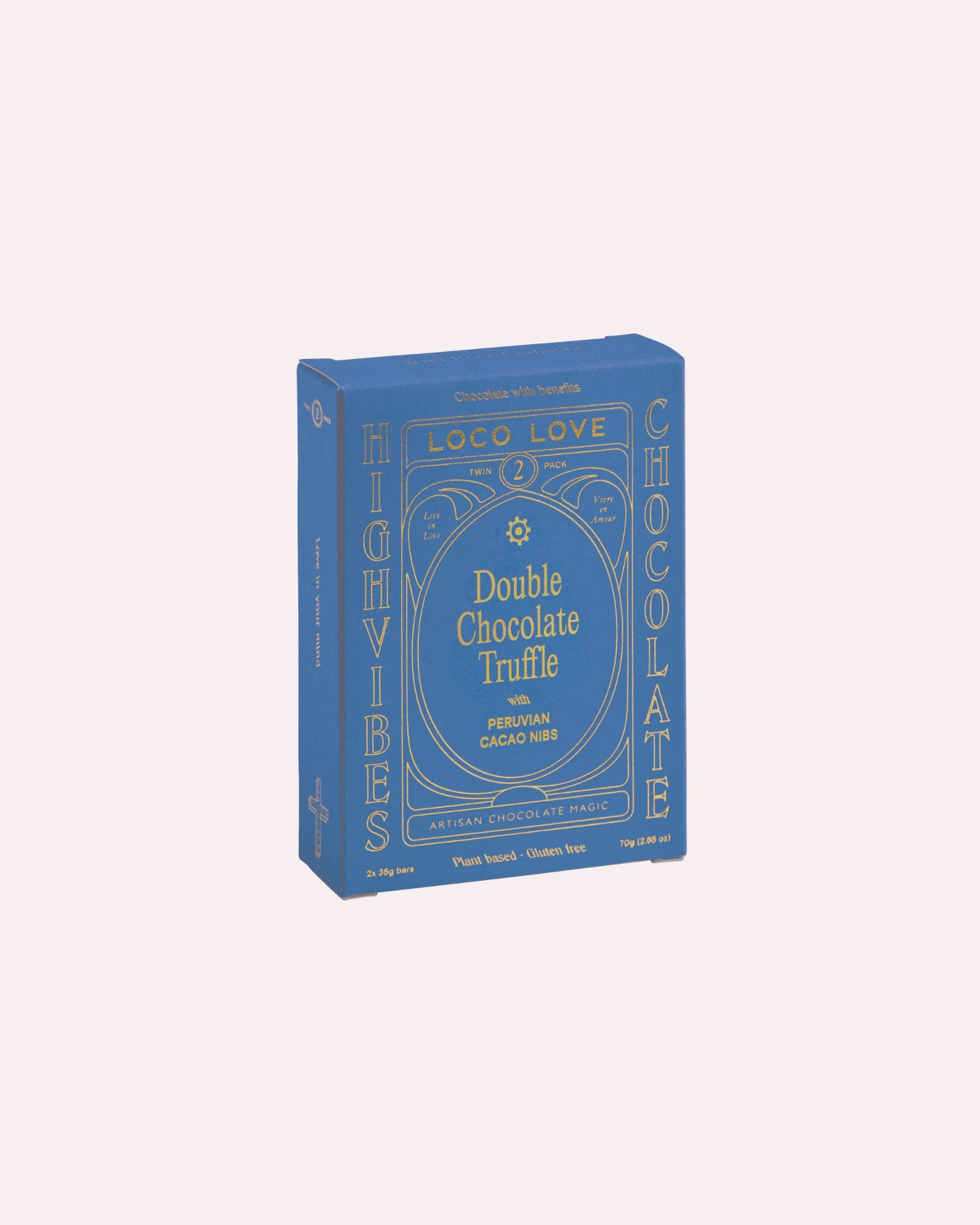 JONES + CO Loco Love Double Chocolate Truffle bar in a blue box with gold text and Peruvian cacao nibs illustration.