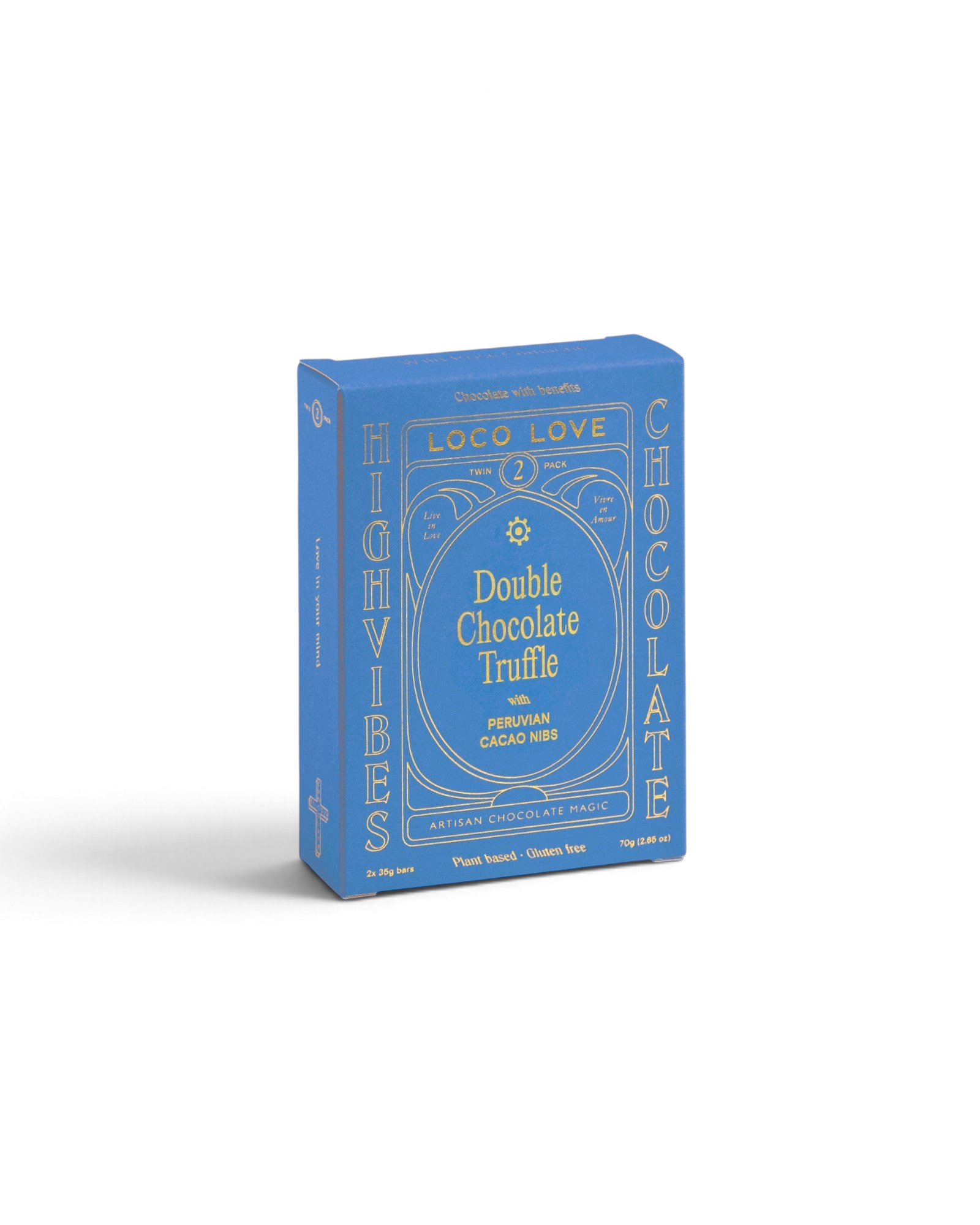 JONES + CO Loco Love Double Chocolate Truffle bar in a blue box with gold text and Peruvian cacao nibs illustration.