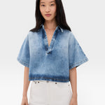 JONES + CO blue washed denim Lotus shirt with open collar and dolman sleeves