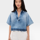 JONES + CO blue washed denim Lotus shirt with open collar and dolman sleeves