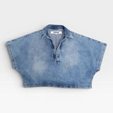 JONES + CO light wash denim Lotus shirt with open collar and wide dolman sleeves