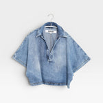 JONES + CO Lotus shirt in Malibu Wash light blue denim. Relaxed fit, cropped, open collar, wide dolman sleeves.