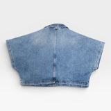 JONES + CO Lotus shirt in Malibu Wash denim. Relaxed fit, cropped top with open collar and wide dolman sleeves.