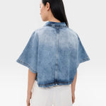 JONES + CO Lotus shirt in Malibu Wash denim, featuring a relaxed fit, open collar, and dolman sleeves.