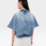 JONES + CO Lotus shirt in Malibu Wash denim, featuring a relaxed fit, open collar, and dolman sleeves.