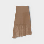 JONES + CO Louis Crochet Skirt in bark brown. Asymmetrical hem and crochet detailing.