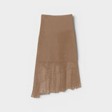 JONES + CO Louis Crochet Skirt in bark brown. Asymmetrical hem and crochet detailing.
