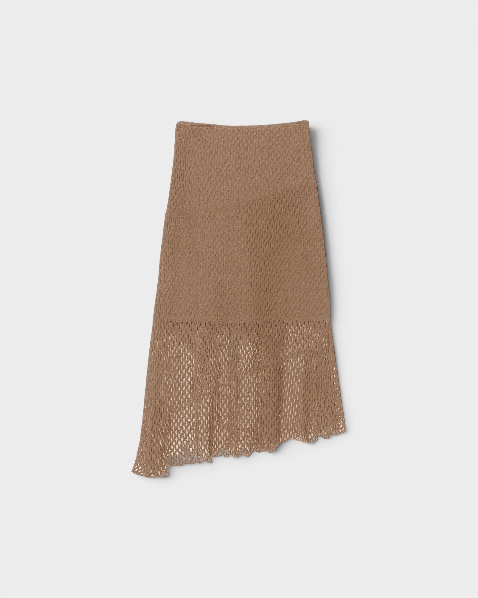 JONES + CO Louis Crochet Skirt in bark brown. Asymmetrical hem and crochet detailing.