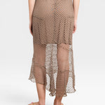 JONES + CO Louis Crochet Skirt in bark brown. Asymmetrical hem, open knit crochet design.