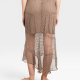 JONES + CO Louis Crochet Skirt in bark brown. Asymmetrical hem, open knit crochet design.