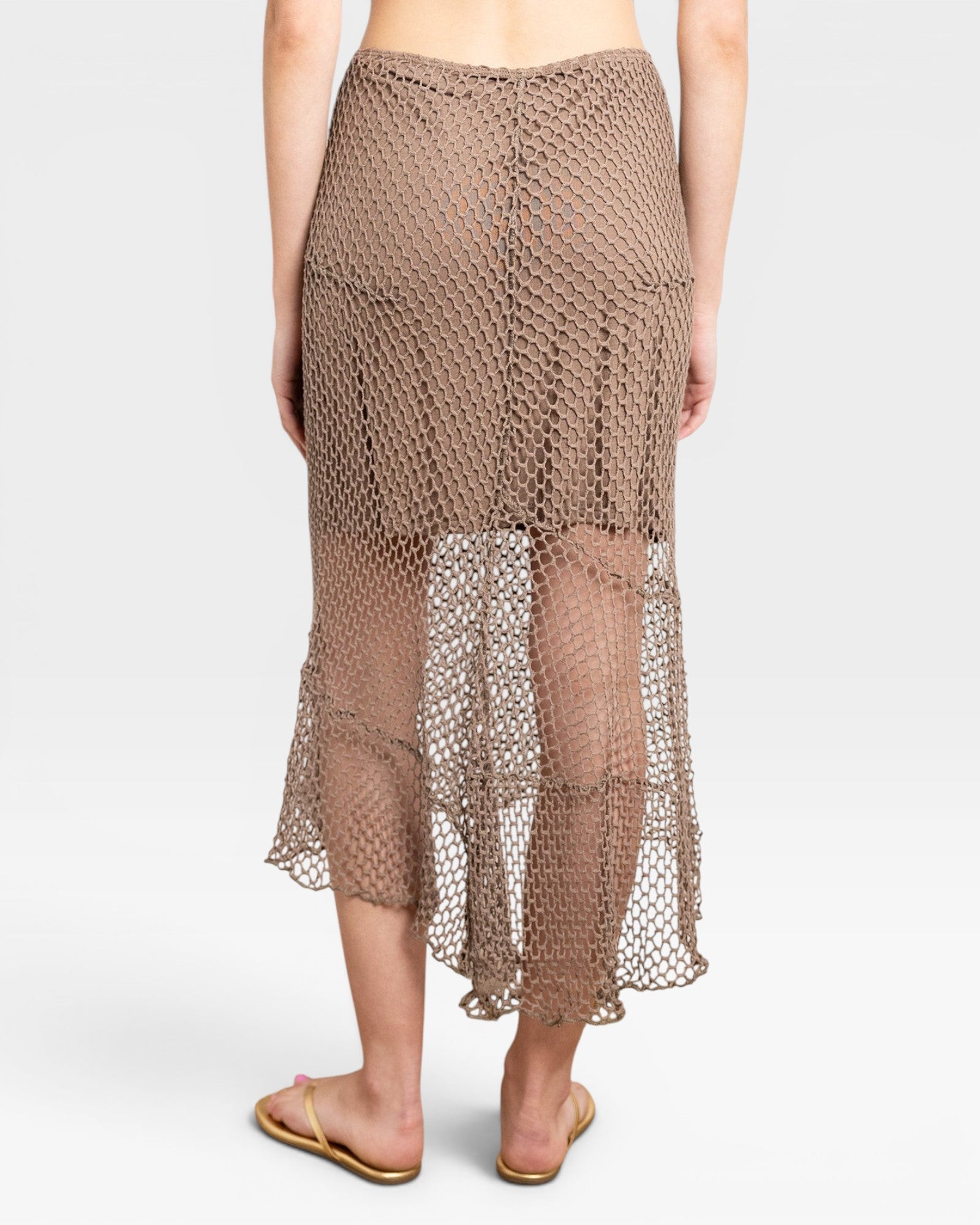 JONES + CO Louis Crochet Skirt in bark brown. Asymmetrical hem, open knit crochet design.