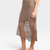 JONES + CO Louis Crochet Skirt in bark brown. Midi length, asymmetrical hem, open knit.