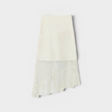 JONES + CO Louis Crochet Skirt in coconut white. Asymmetrical hem with crochet detailing.