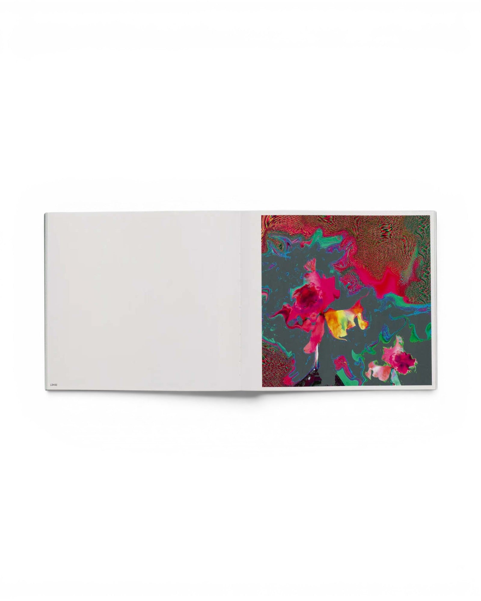 JONES + CO art book Lucas Samaras Flowers open to a page showing a psychedelic digital floral distortion.