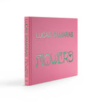 JONES + CO Lucas Samaras Flowers art book with a bright pink cover and green embossed title text.