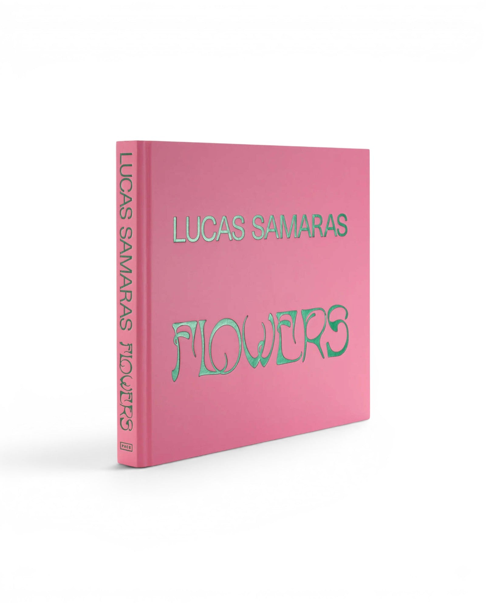 JONES + CO Lucas Samaras Flowers art book with a bright pink cover and green embossed title text.