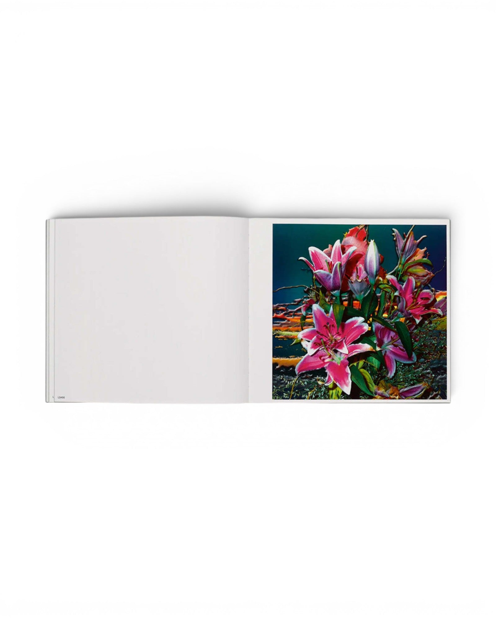 JONES + CO Lucas Samaras Flowers art book open to a page showing a vibrant, psychedelic digital floral photograph.