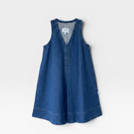 JONES + CO Mable sleeveless A-line denim dress in dark wash with V-neck and side pockets. 100% cotton.