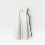 JONES + CO Mable white denim sleeveless A-line dress with V-neck and inverted box pleats.
