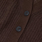 JONES + CO mahogany brown V-neck cardigan in a soft alpaca-blend knit with dark button closure detail.