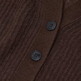 JONES + CO mahogany brown V-neck cardigan in a soft alpaca-blend knit with dark button closure detail.