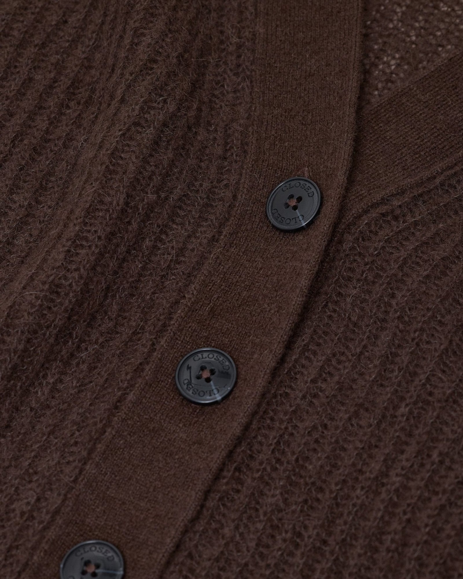 JONES + CO mahogany brown V-neck cardigan in a soft alpaca-blend knit with dark button closure detail.