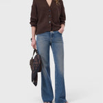 JONES + CO mahogany brown alpaca-blend V-neck cardigan with button closure, worn with blue jeans by a model.