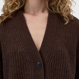 JONES + CO mahogany brown V-neck cardigan in soft alpaca-blend knit with button-up front and ribbed texture