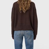JONES + CO mahogany brown alpaca-blend V-neck cardigan worn with blue jeans, back view showing ribbed knit texture.