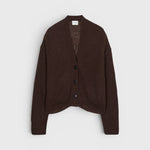JONES + CO mahogany brown V-neck cardigan in alpaca-blend knit with front button closure and ribbed trim